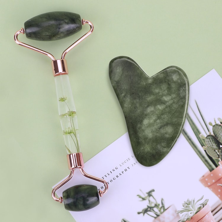 Natural Jade Gua Sha & Jade Roller Set, Facial Massager for Skin Care, Neck & Body Beauty Tools