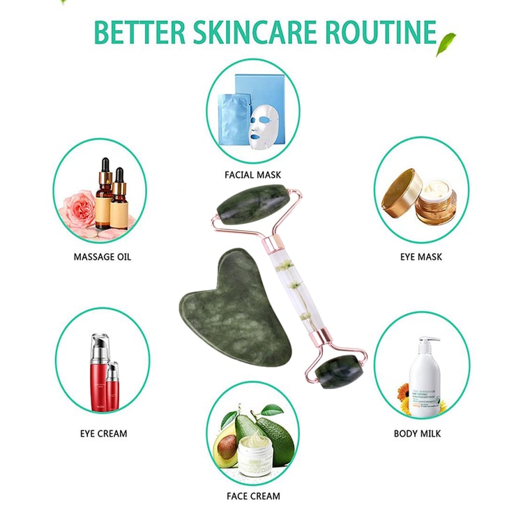 Natural Jade Gua Sha & Jade Roller Set, Facial Massager for Skin Care, Neck & Body Beauty Tools
