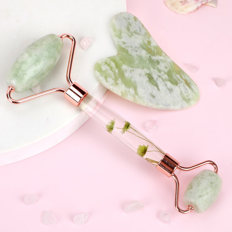Natural Jade Gua Sha & Jade Roller Set, Facial Massager for Skin Care, Neck & Body Beauty Tools